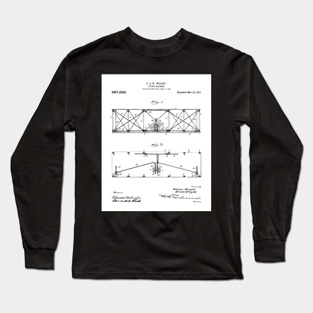 Wright Brothers Plane Patent - Aviation Art - Black And White Long Sleeve T-Shirt by patentpress